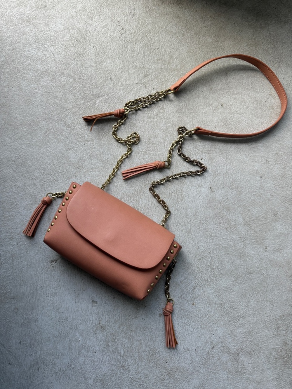 Zara Woman Dusty Rose Leather Tassel Crossbody with Gold Chain